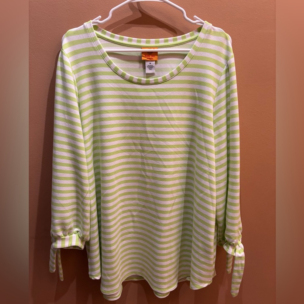 Ruby Rd Green and White Striped Three Quarter Tie Sleeves Top Size 1X